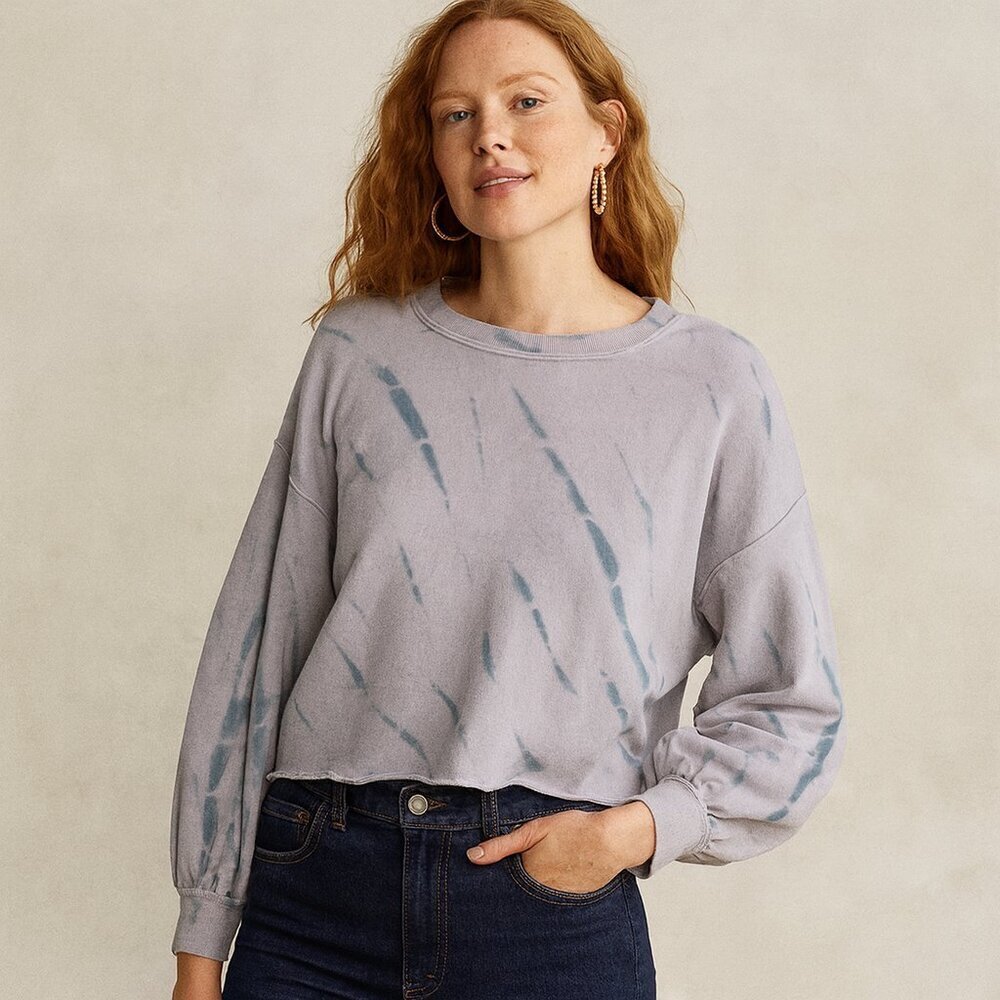 WILFOX Tie‎ Dye Crop Sweatshirt Size S Cozy Comfy Style Crew Neck Raw Hem